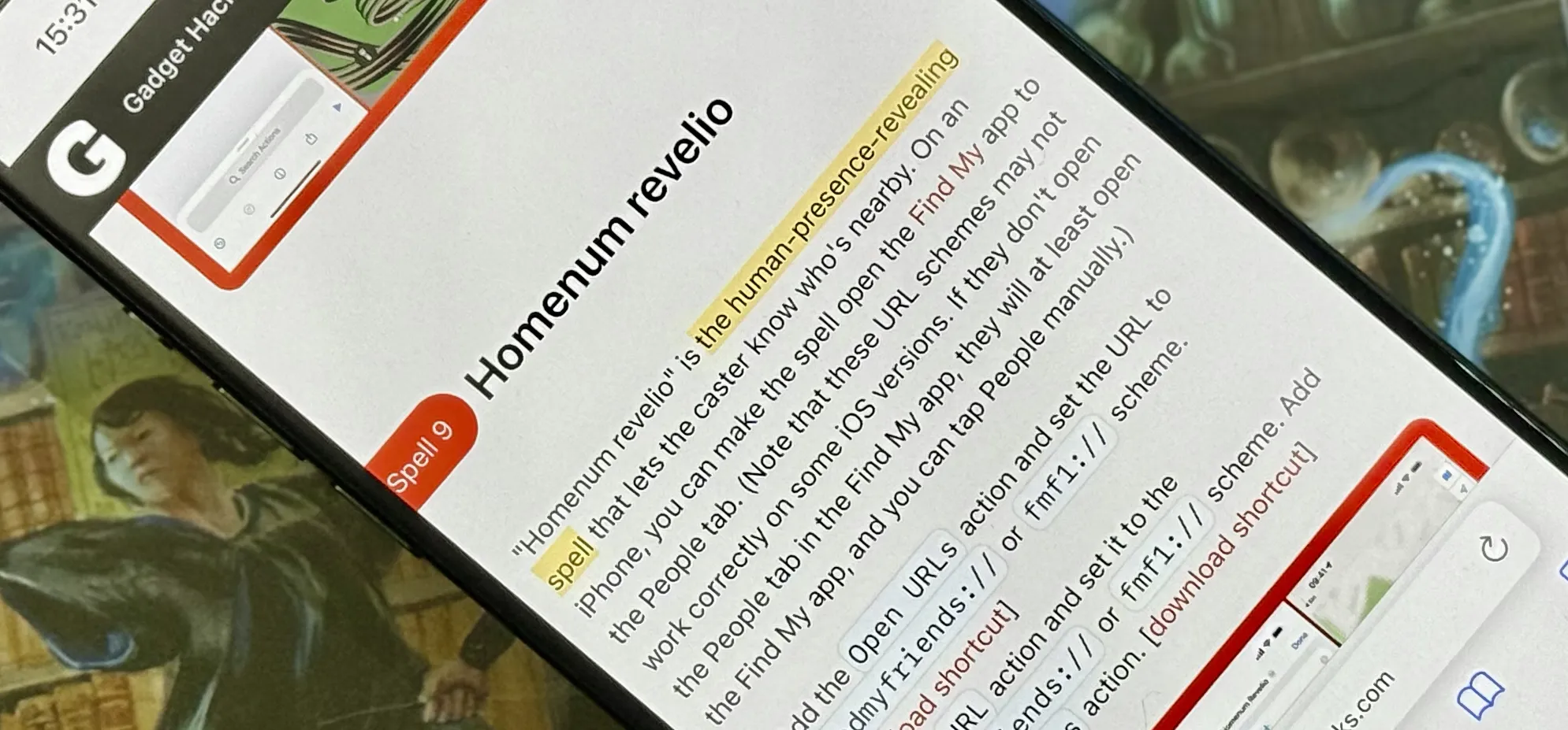 A smartphone screen shows a Gadget Hacks article on the “Homenum revelio” spell in iOS, highlighting how it opens the Find My app’s People tab.
