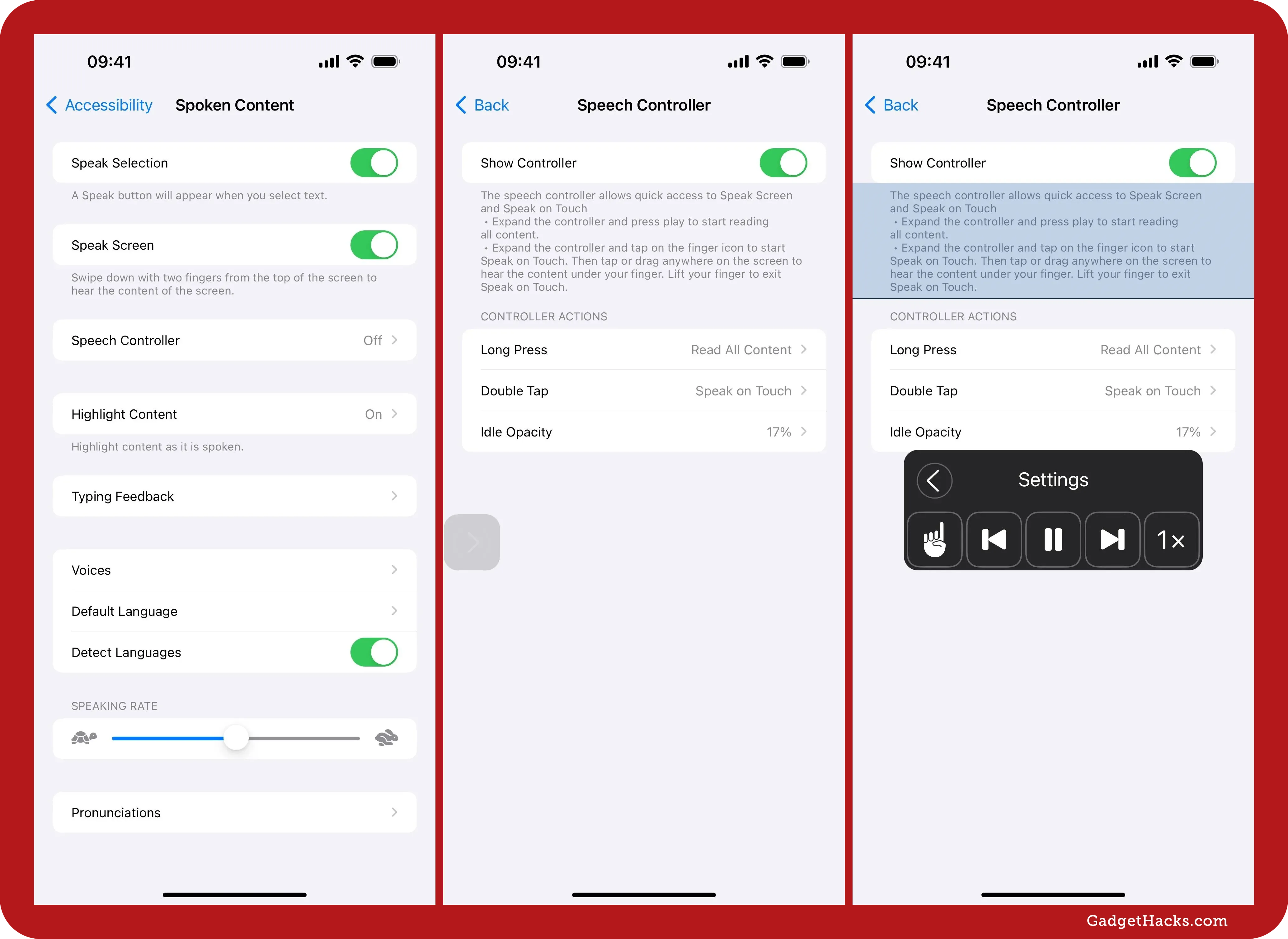 Three iPhone screenshots showing how to enable and use the Speech Controller for ‘Speak Screen’ in Settings » Accessibility » Spoken Content.